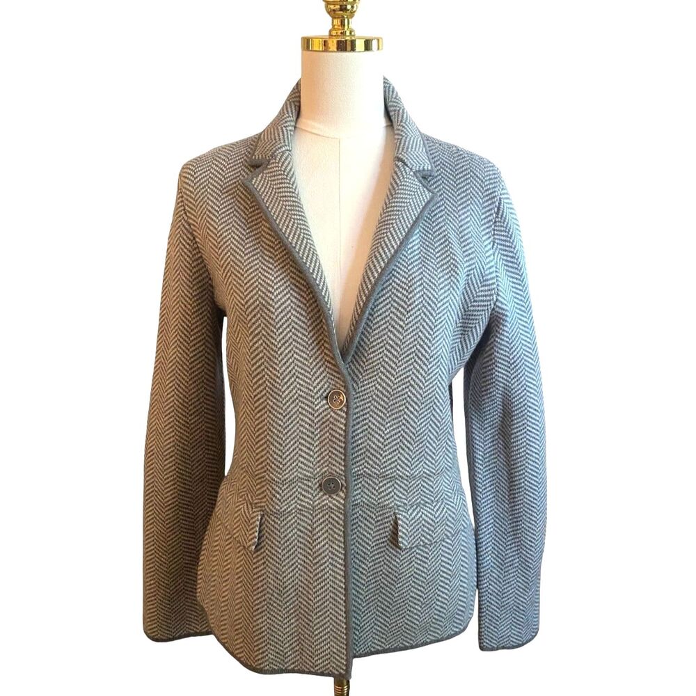 Talbots 100% Merino Wool Herringbone Knit Blazer Jacket Medium Grey Soft NWOT M